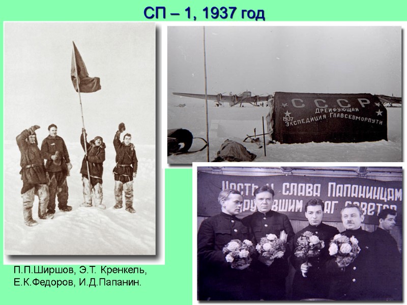 СП – 1, 1937 год П.П.Ширшов, Э.Т. Кренкель, Е.К.Федоров, И.Д.Папанин.